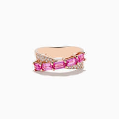 The 14K Rose Gold Pink Sapphire and Diamond Criss Cross Ring features a crisscross design set with rectangular pink sapphires and small round diamonds for an elegant, modern look.