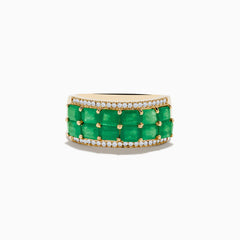 The 14K Yellow Gold Emerald and Diamond Band Ring showcases two rows of rectangular green emeralds bordered by sparkling round white diamonds—an elegant and striking piece.