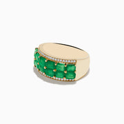 The 14K Yellow Gold Emerald and Diamond Band Ring showcases two rows of rectangular green emeralds bordered by sparkling round white diamonds—an elegant and striking piece.