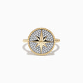 The Novelty 14 Karat Yellow Gold Diamond Compass Ring features a round face with a starburst design, pavé-set diamonds, and a twisted gold rope border. A matching twisted band enhances its elegant style.