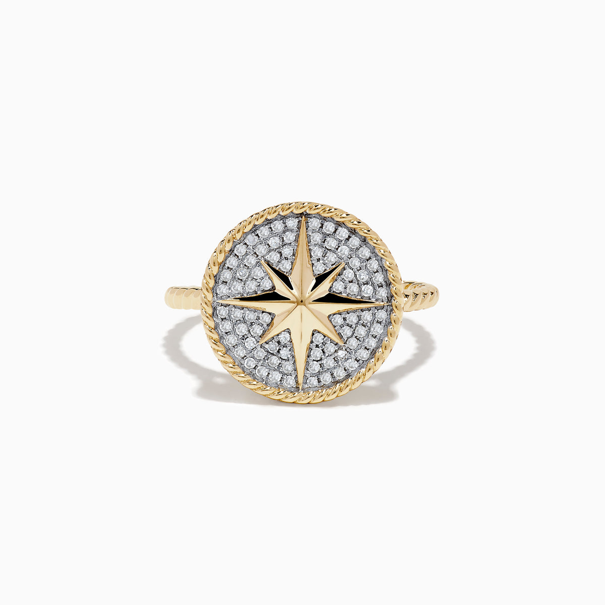 The Novelty 14 Karat Yellow Gold Diamond Compass Ring features a round face with a starburst design, pavé-set diamonds, and a twisted gold rope border. A matching twisted band enhances its elegant style.