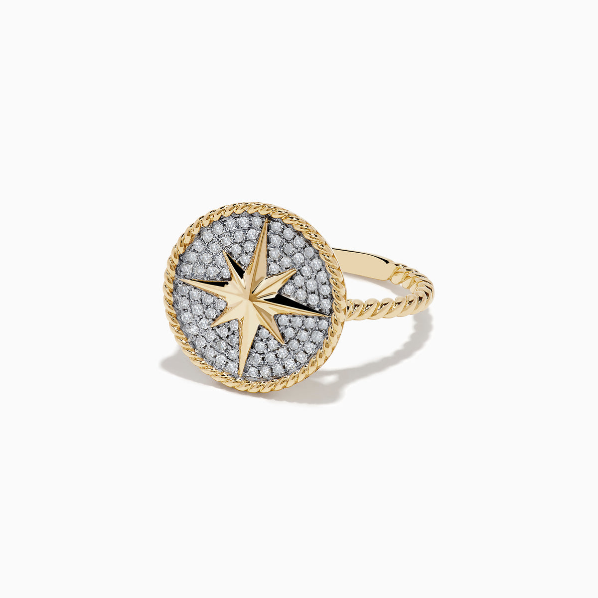 The Novelty 14 Karat Yellow Gold Diamond Compass Ring features a round face with a starburst design, pavé-set diamonds, and a twisted gold rope border. A matching twisted band enhances its elegant style.