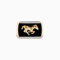 The Mens 14K Yellow Gold Onyx and Diamond Running Horse Ring features a raised horse on a sleek black onyx rectangular face, accented with diamonds along the top and bottom edges.