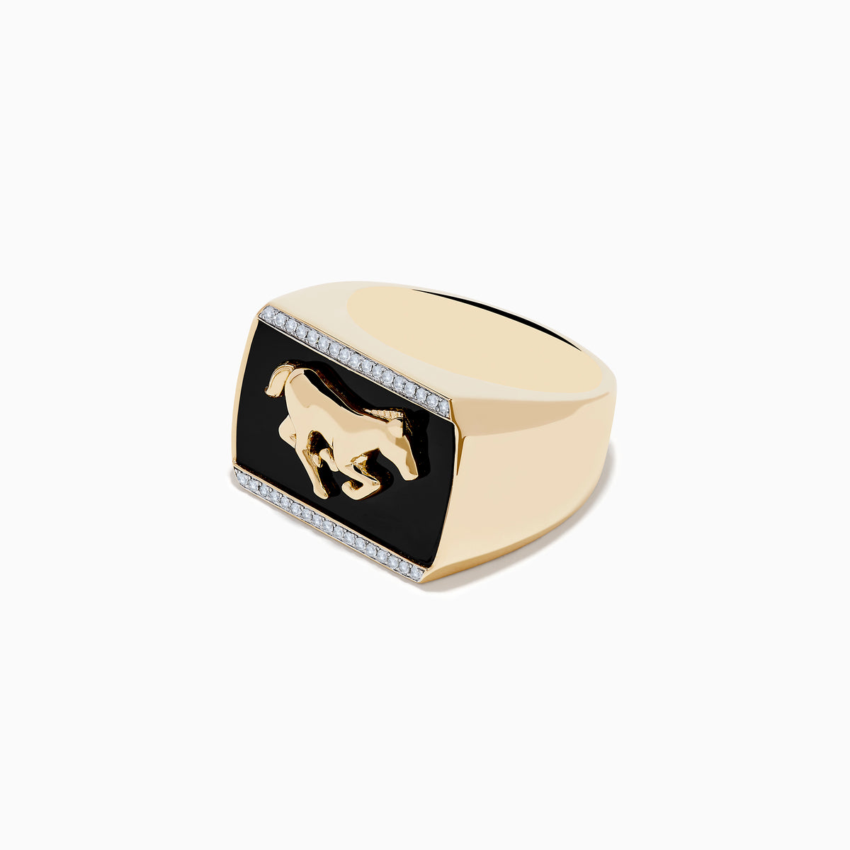 The Mens 14K Yellow Gold Onyx and Diamond Running Horse Ring features a raised horse on a sleek black onyx rectangular face, accented with diamonds along the top and bottom edges.