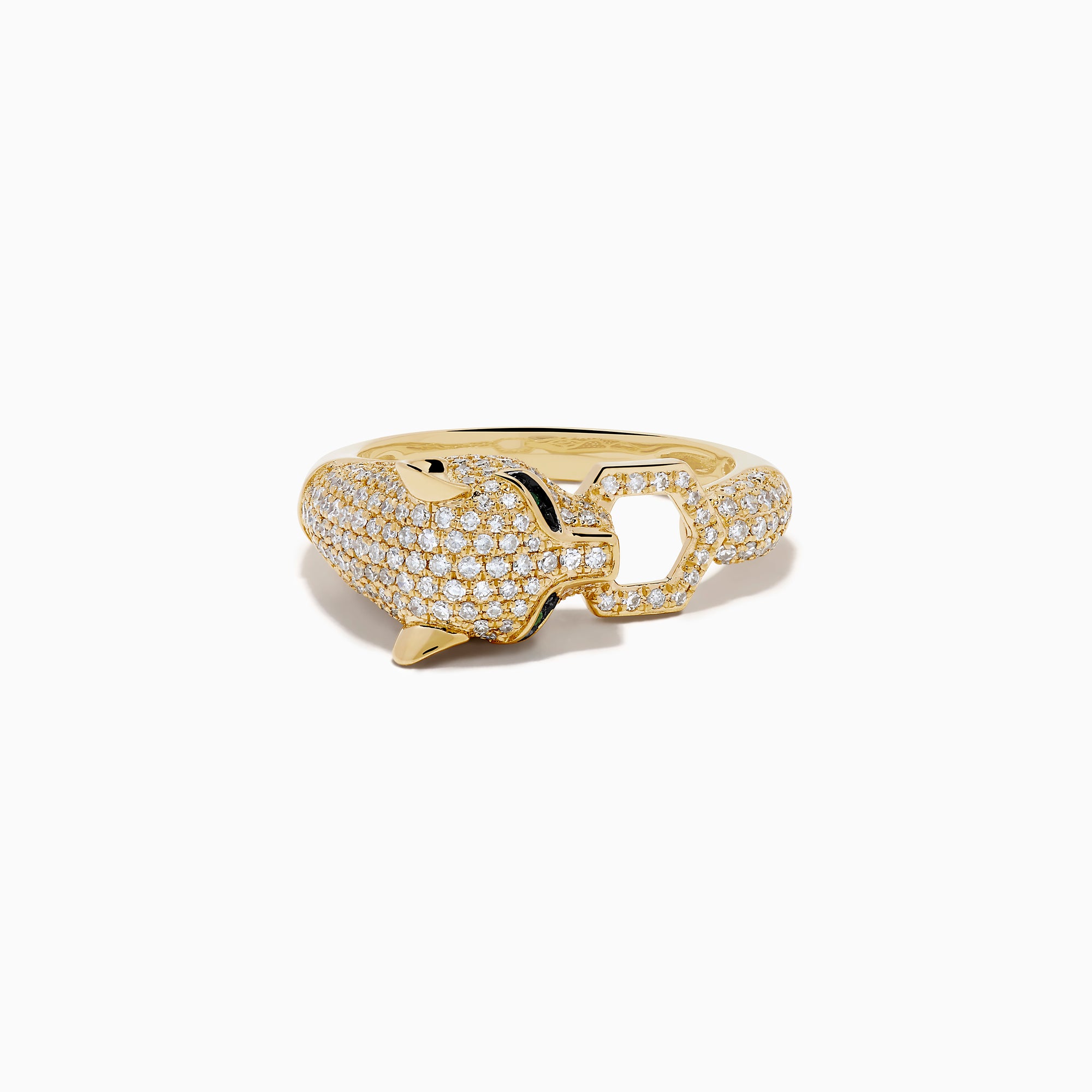 The Signature Brasilica 14K Yellow Gold Emerald and Diamond Ring features a panther head design with detailed sculpting, small diamonds, and an open mouth.