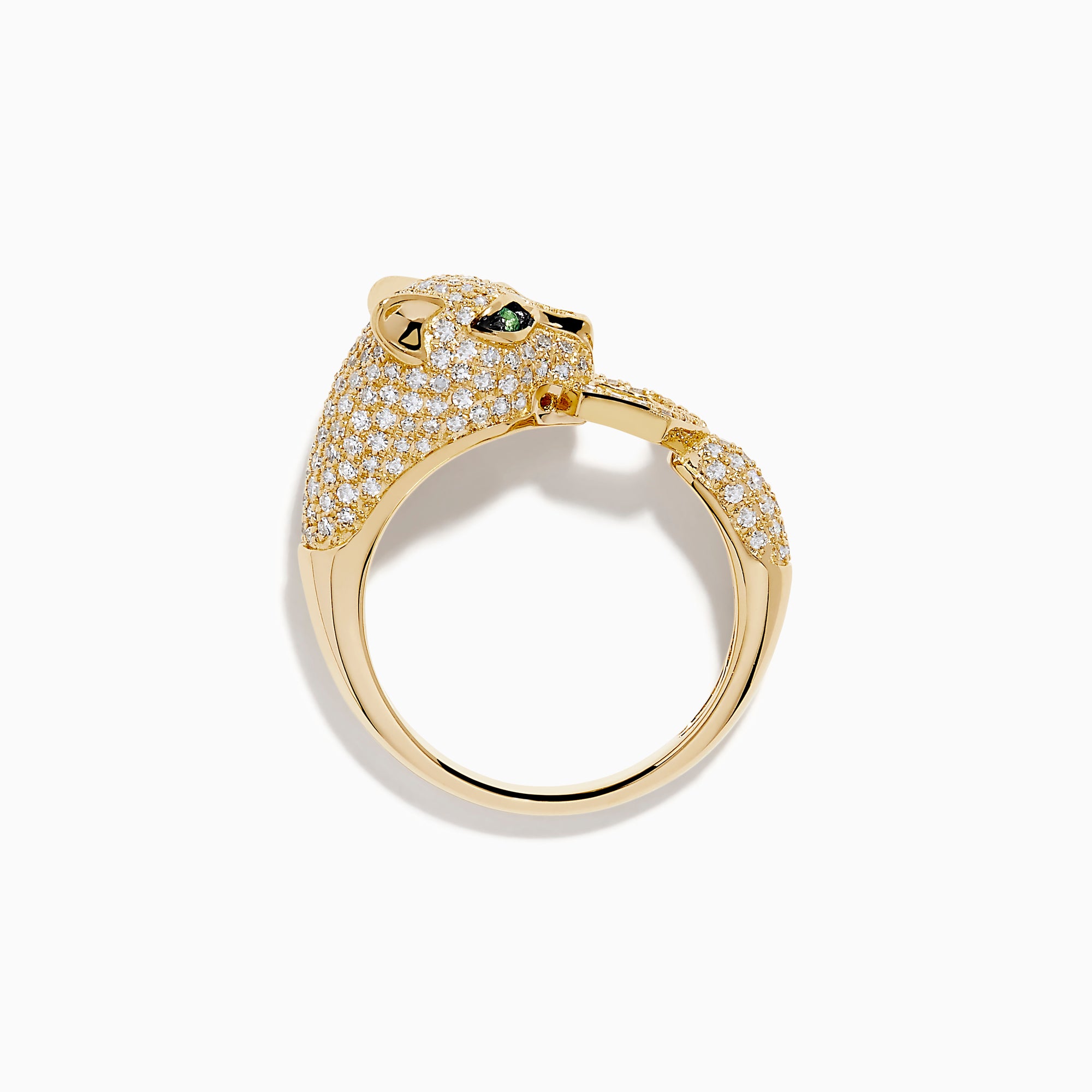 The Signature Brasilica 14K Yellow Gold Emerald and Diamond Ring features a panther head design with detailed sculpting, small diamonds, and an open mouth.