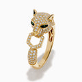 The Signature Brasilica 14K Yellow Gold Emerald and Diamond Ring features a panther head design with detailed sculpting, small diamonds, and an open mouth.