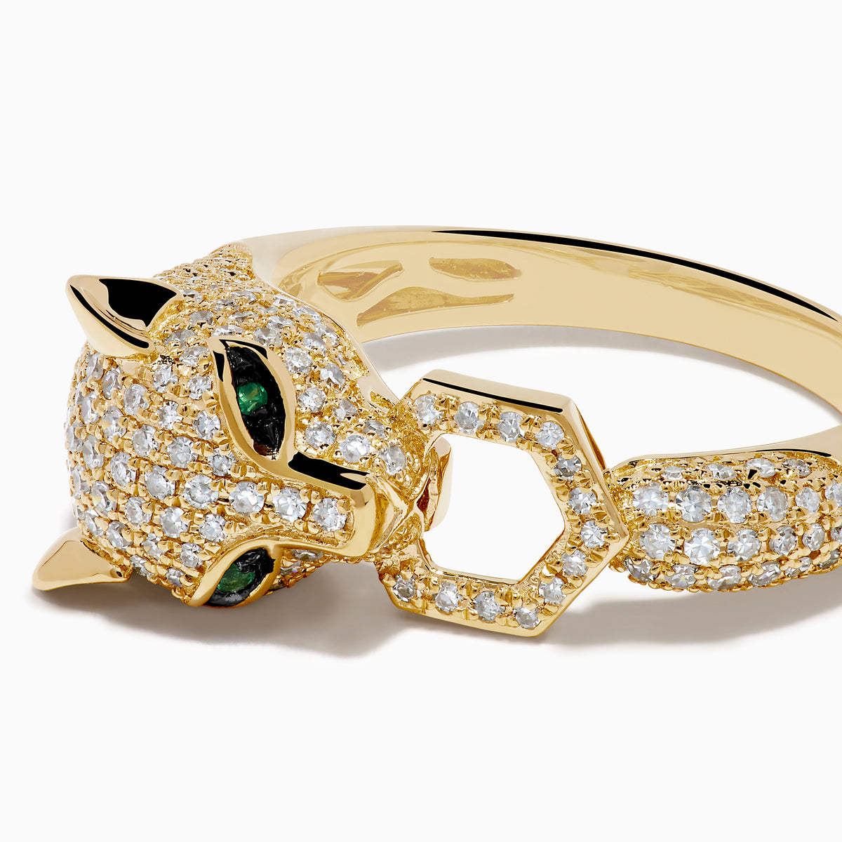 The Signature Brasilica 14K Yellow Gold Emerald and Diamond Ring features a panther head design with detailed sculpting, small diamonds, and an open mouth.