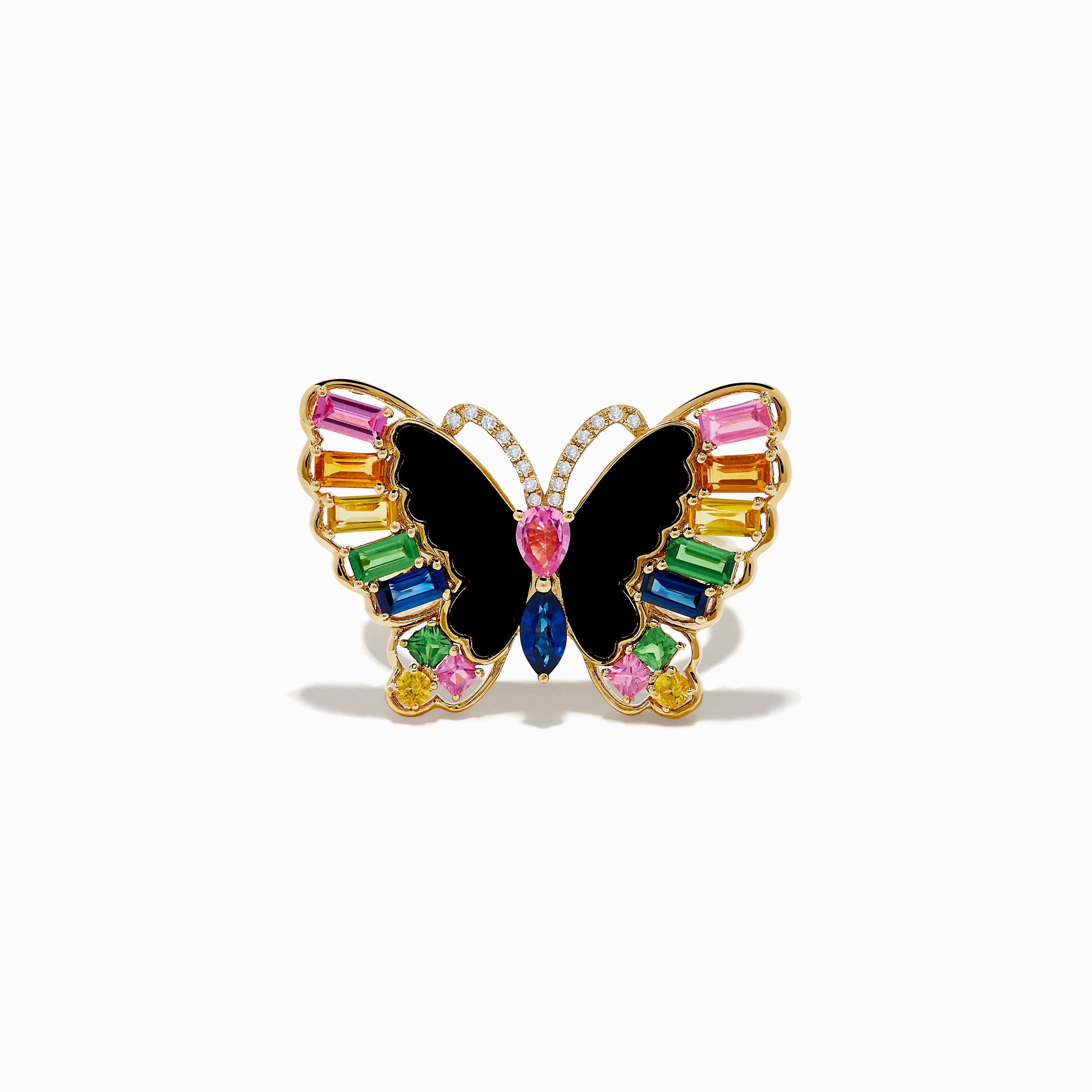 Nature 14K Yellow Gold Multi Sapphire Agate and Diamond Butterfly