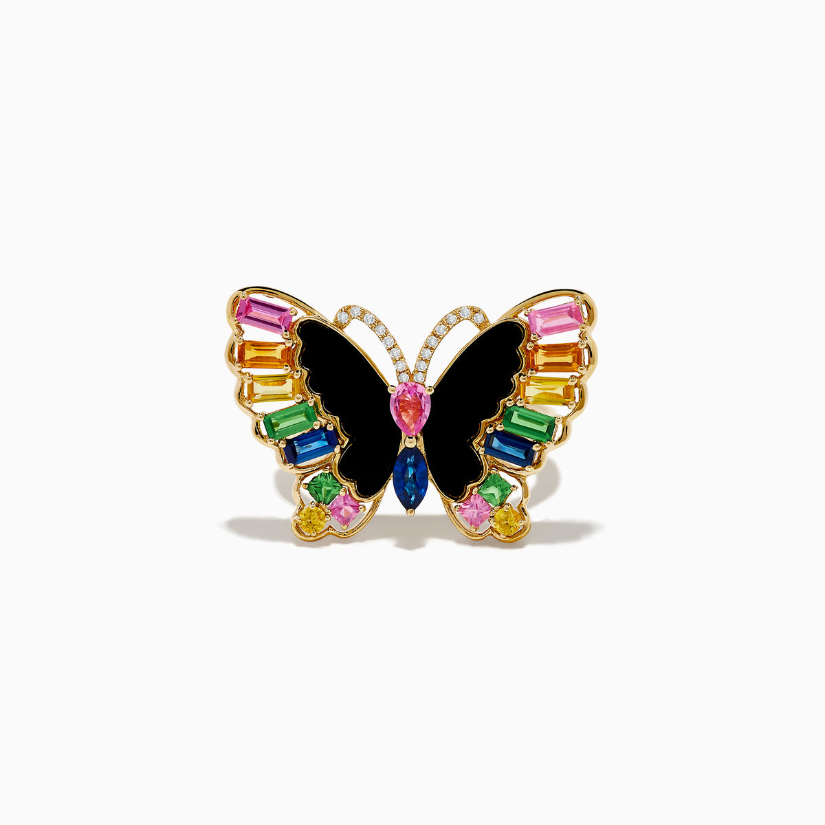 The Nature 14K Yellow Gold Multi Sapphire Agate and Diamond Butterfly Ring features colorful sapphires and agate accents, shown on a white background.