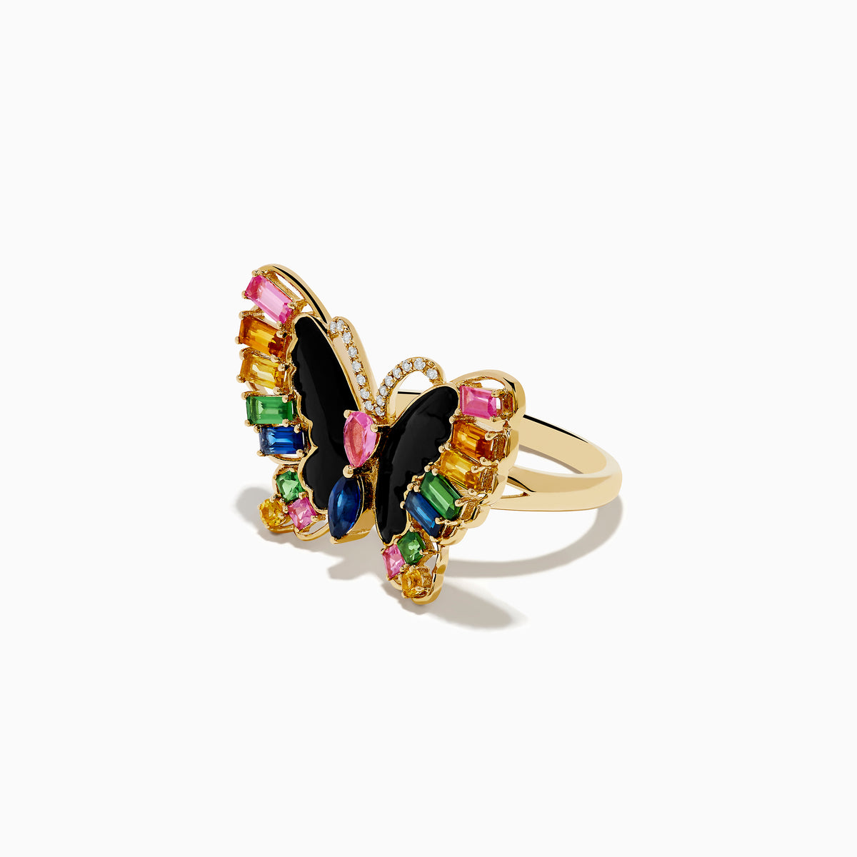The Nature 14K Yellow Gold Multi Sapphire Agate and Diamond Butterfly Ring features colorful sapphires and agate accents, shown on a white background.