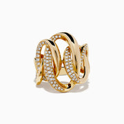 The DOro 14k Yellow Gold Interlocking Diamond Statement Ring features wavy interwoven bands encrusted with rows of sparkling diamonds set against a white background.