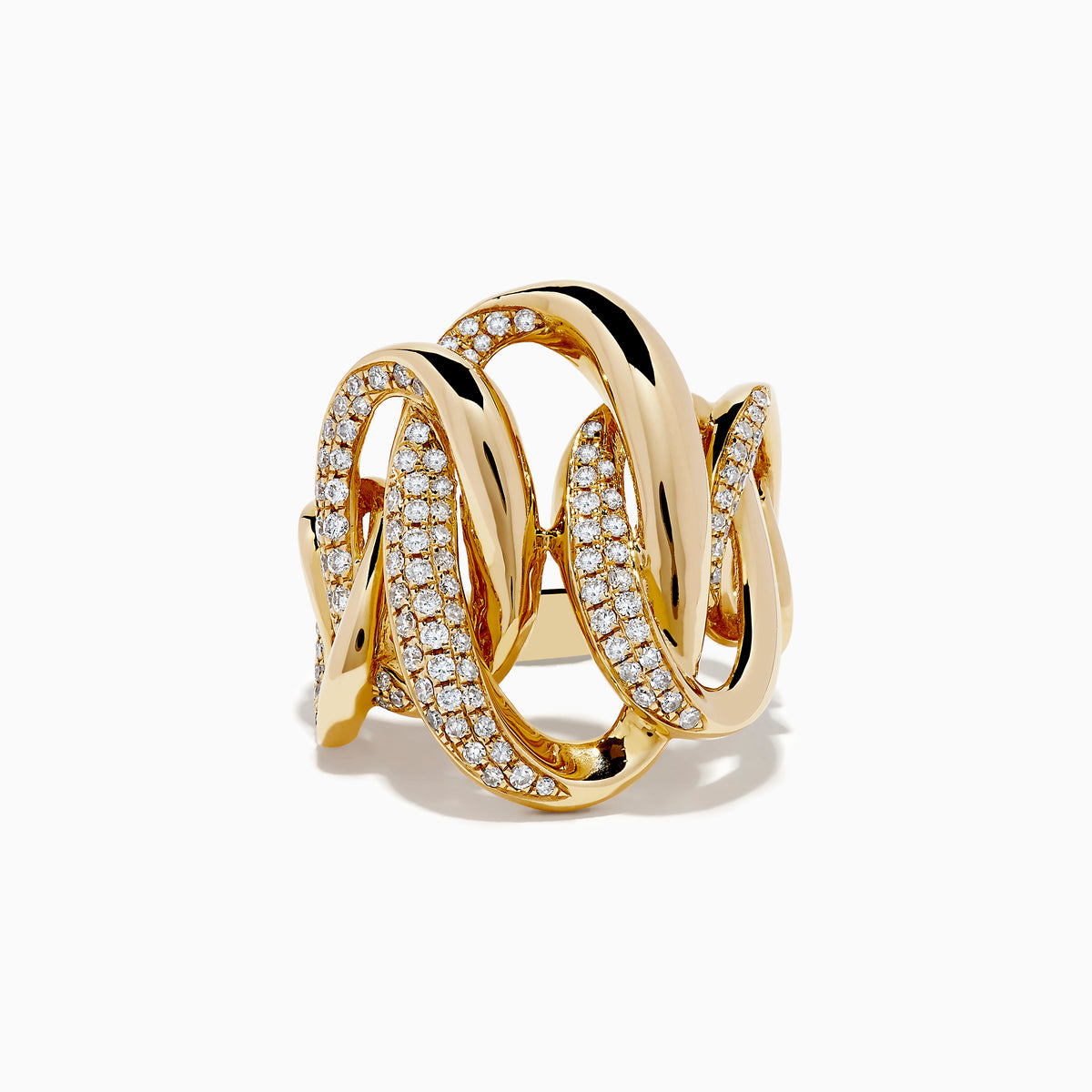 The DOro 14k Yellow Gold Interlocking Diamond Statement Ring features wavy interwoven bands encrusted with rows of sparkling diamonds set against a white background.