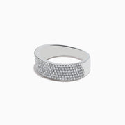 The 925 Sterling Silver Diamond Slant Ring features five rows of closely set, sparkling diamonds across the top in a wide band design, showcased on a white background for an elegant and timeless look.