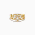 The Novelty 14K Yellow Gold Pave Diamond Heart Chain Link Ring features a double chain band and a heart-shaped centerpiece with pave diamonds, shown on a white background.