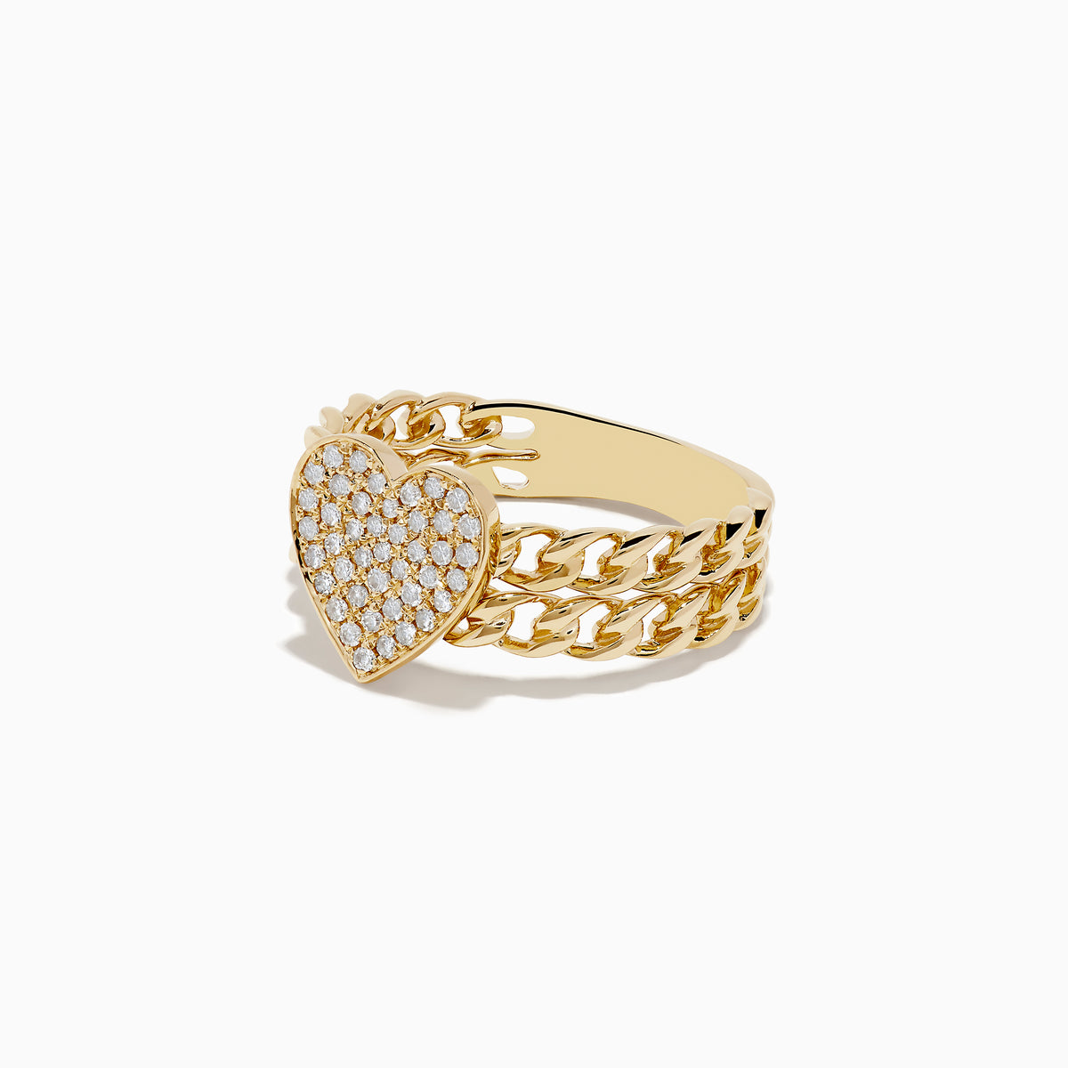 The Novelty 14K Yellow Gold Pave Diamond Heart Chain Link Ring features a double chain band and a heart-shaped centerpiece with pave diamonds, shown on a white background.