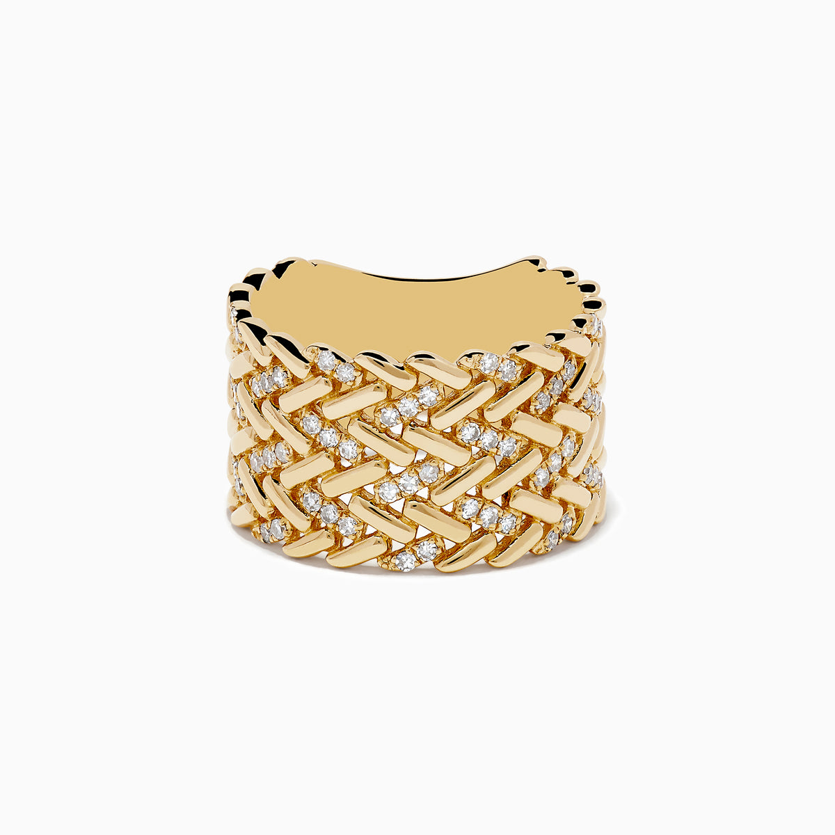 The DOro 14K Yellow Gold Diamond Basket Weave Ring features an intricate woven design with sparkling diamonds throughout, showcased on a white background.