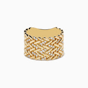 The DOro 14K Yellow Gold Diamond Basket Weave Ring features an intricate woven design with sparkling diamonds throughout, showcased on a white background.