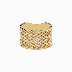 The DOro 14K Yellow Gold Diamond Basket Weave Ring features an intricate woven design with sparkling diamonds throughout, showcased on a white background.