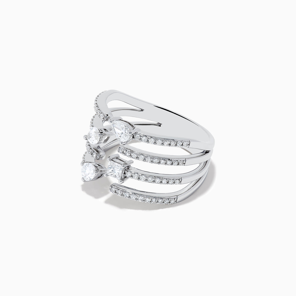 The Pave Classica 14k White Gold Open Shank Diamond Ring showcases sparkling pear and oval-shaped diamonds set across open bands, each lined with pavé diamonds. The ring is shown against a white background.