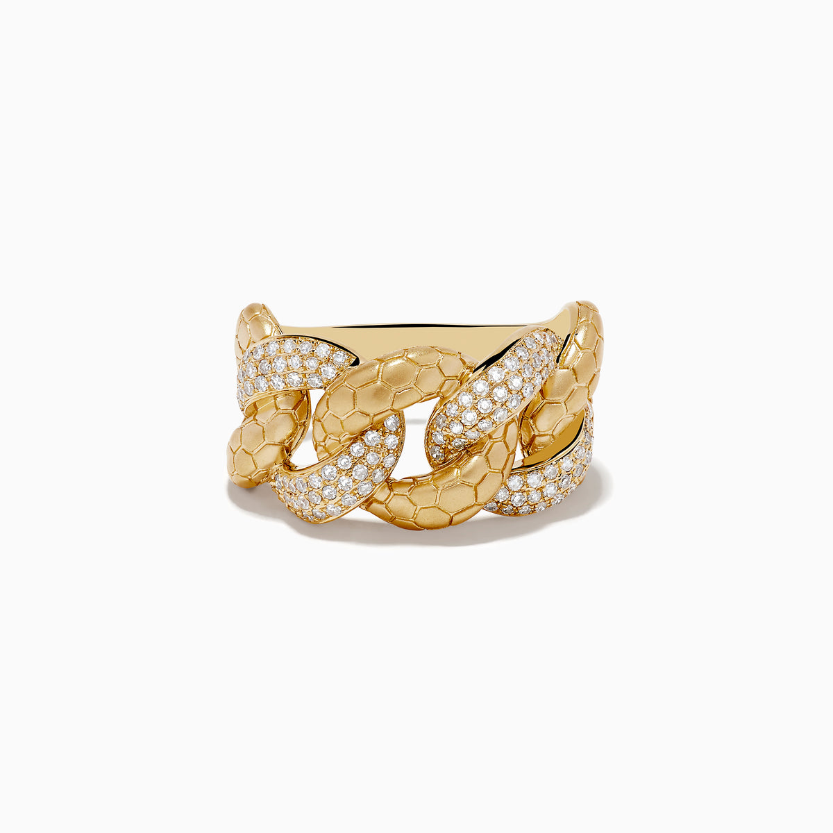 The DOro 14K Brushed Yellow Gold Interlocking Diamond Ring features sparkling diamonds on several links, displayed against a plain white background.