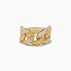 The DOro 14K Brushed Yellow Gold Interlocking Diamond Ring features sparkling diamonds on several links, displayed against a plain white background.