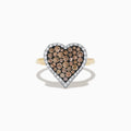 The 14K Yellow Gold Espresso and White Diamond Heart Ring features a heart-shaped design with espresso brown diamonds and a white diamond outline, shown on a white background.