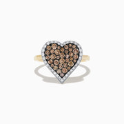 The 14K Yellow Gold Espresso and White Diamond Heart Ring features a heart-shaped design with espresso brown diamonds and a white diamond outline, shown on a white background.
