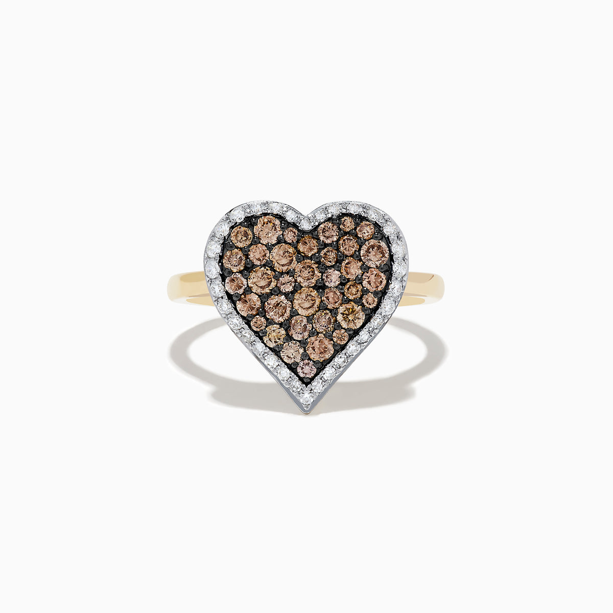 The 14K Yellow Gold Espresso and White Diamond Heart Ring features a heart-shaped design with espresso brown diamonds and a white diamond outline, shown on a white background.