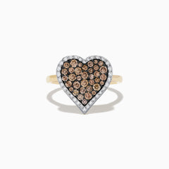 The 14K Yellow Gold Espresso and White Diamond Heart Ring features a heart-shaped design with espresso brown diamonds and a white diamond outline, shown on a white background.