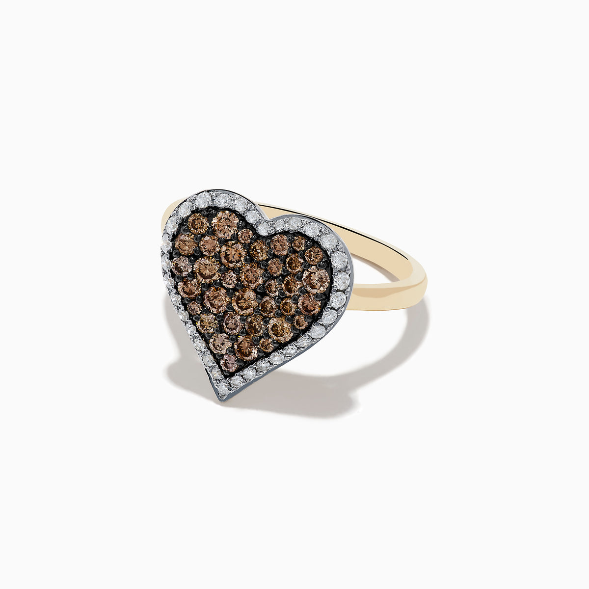 The 14K Yellow Gold Espresso and White Diamond Heart Ring features a heart-shaped design with espresso brown diamonds and a white diamond outline, shown on a white background.