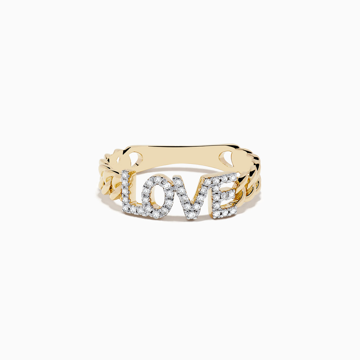 The DOro 14K Yellow Gold Diamond LOVE Chain Link Ring features the word LOVE in sparkling diamonds and a unique chain link band.