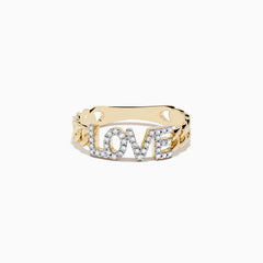 The DOro 14K Yellow Gold Diamond LOVE Chain Link Ring features the word LOVE in sparkling diamonds and a unique chain link band.