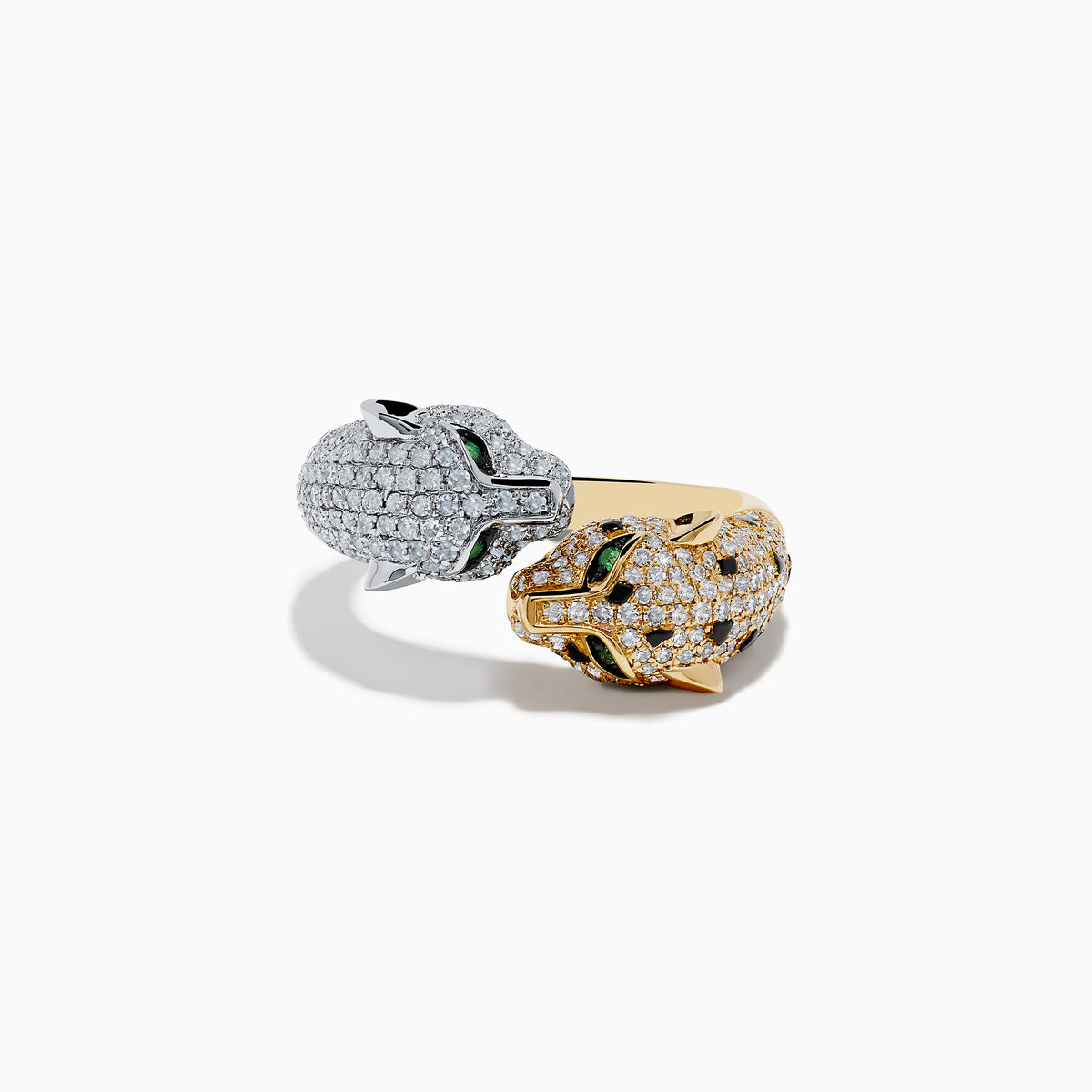 The Signature 14K 2-Tone Gold Diamond and Emerald Panther Bypass Ring features a gold panther with pavé diamonds, vivid green emerald eyes, and white gold accents, set against a plain white background.