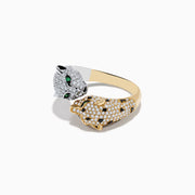 The Signature 14K 2-Tone Gold Diamond and Emerald Panther Bypass Ring features a gold panther with pavé diamonds, vivid green emerald eyes, and white gold accents, set against a plain white background.