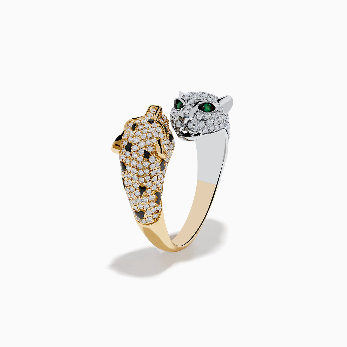 The Signature 14K 2-Tone Gold Diamond and Emerald Panther Bypass Ring features a gold panther with pavé diamonds, vivid green emerald eyes, and white gold accents, set against a plain white background.