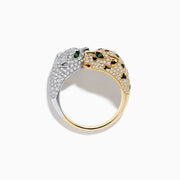 The Signature 14K 2-Tone Gold Diamond and Emerald Panther Bypass Ring features a gold panther with pavé diamonds, vivid green emerald eyes, and white gold accents, set against a plain white background.