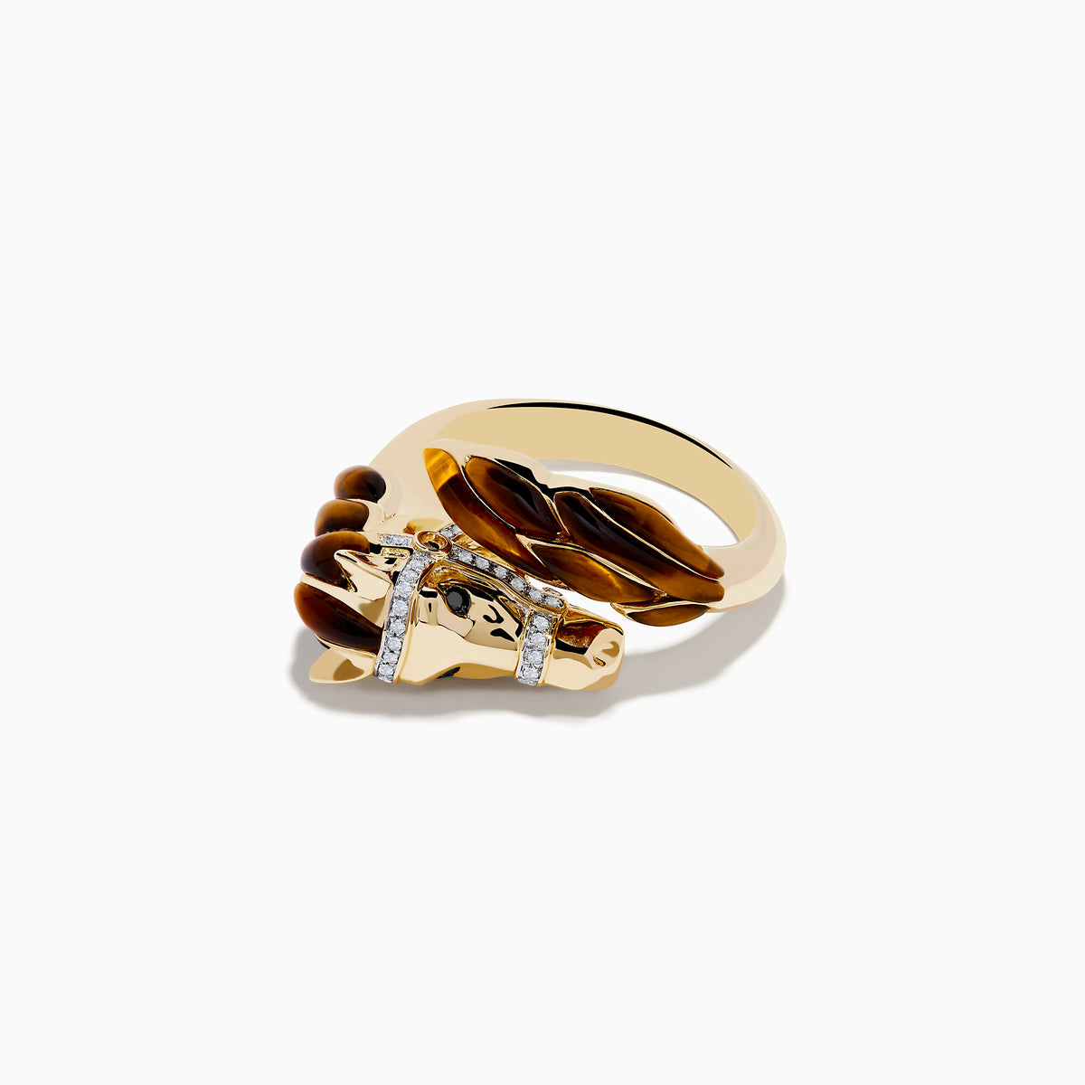 A 14K yellow gold horse ring with a detailed horse head, accented by brown and black enamel, sparkling white and black diamonds on the bridle, and tiger eye details.