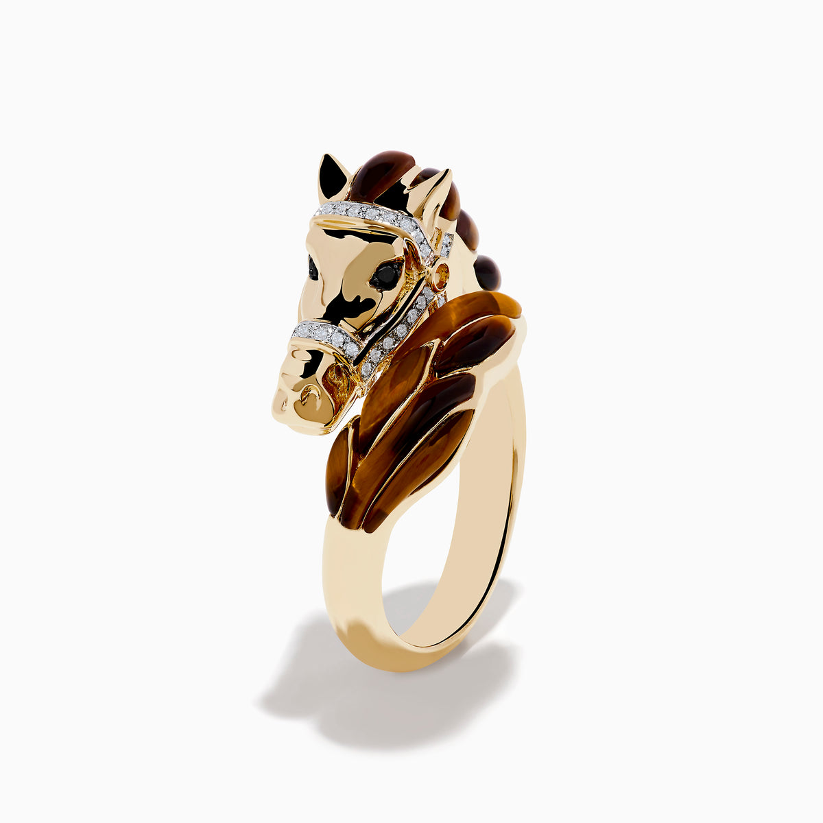 A 14K yellow gold horse ring with a detailed horse head, accented by brown and black enamel, sparkling white and black diamonds on the bridle, and tiger eye details.