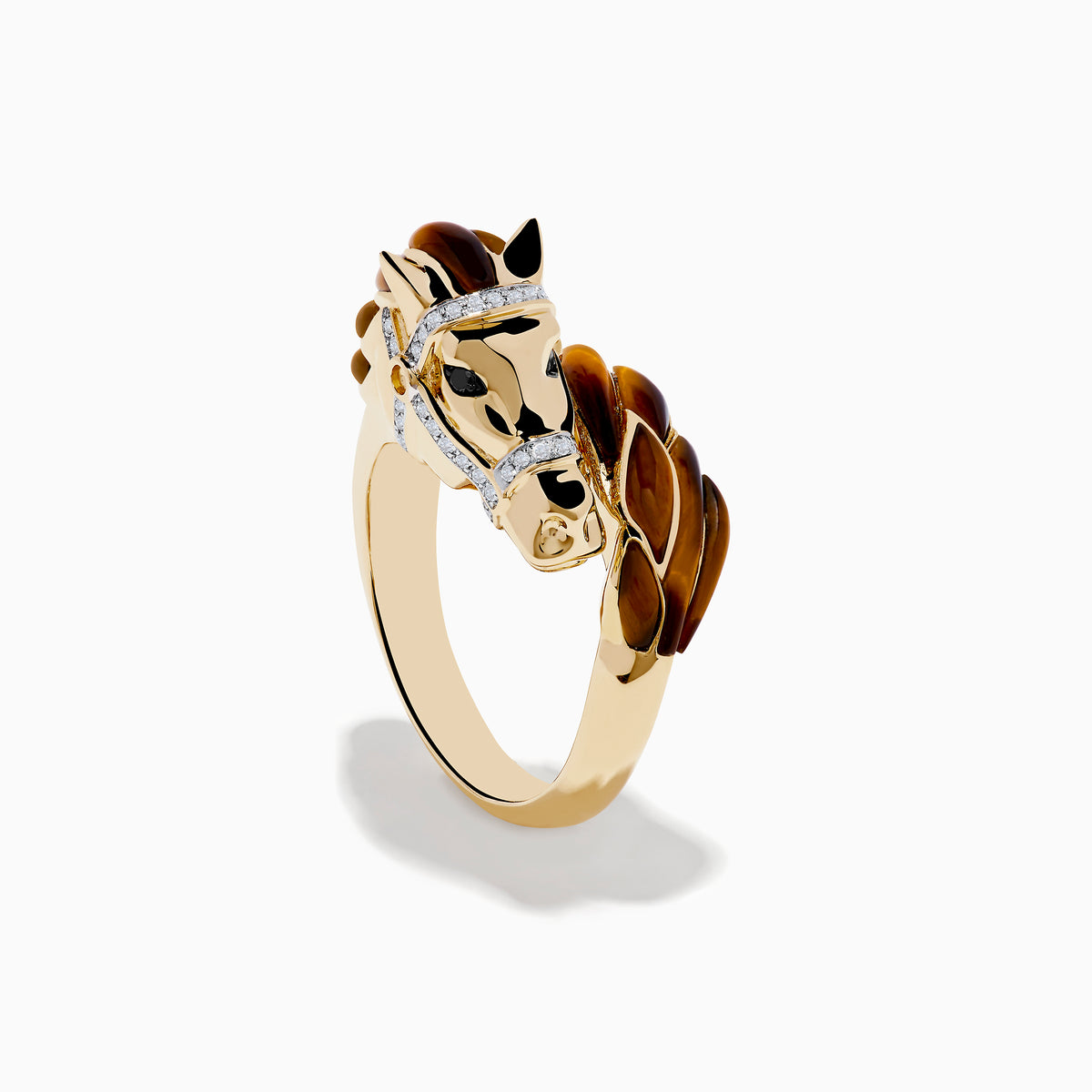 A 14K yellow gold horse ring with a detailed horse head, accented by brown and black enamel, sparkling white and black diamonds on the bridle, and tiger eye details.