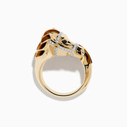A 14K yellow gold horse ring with a detailed horse head, accented by brown and black enamel, sparkling white and black diamonds on the bridle, and tiger eye details.