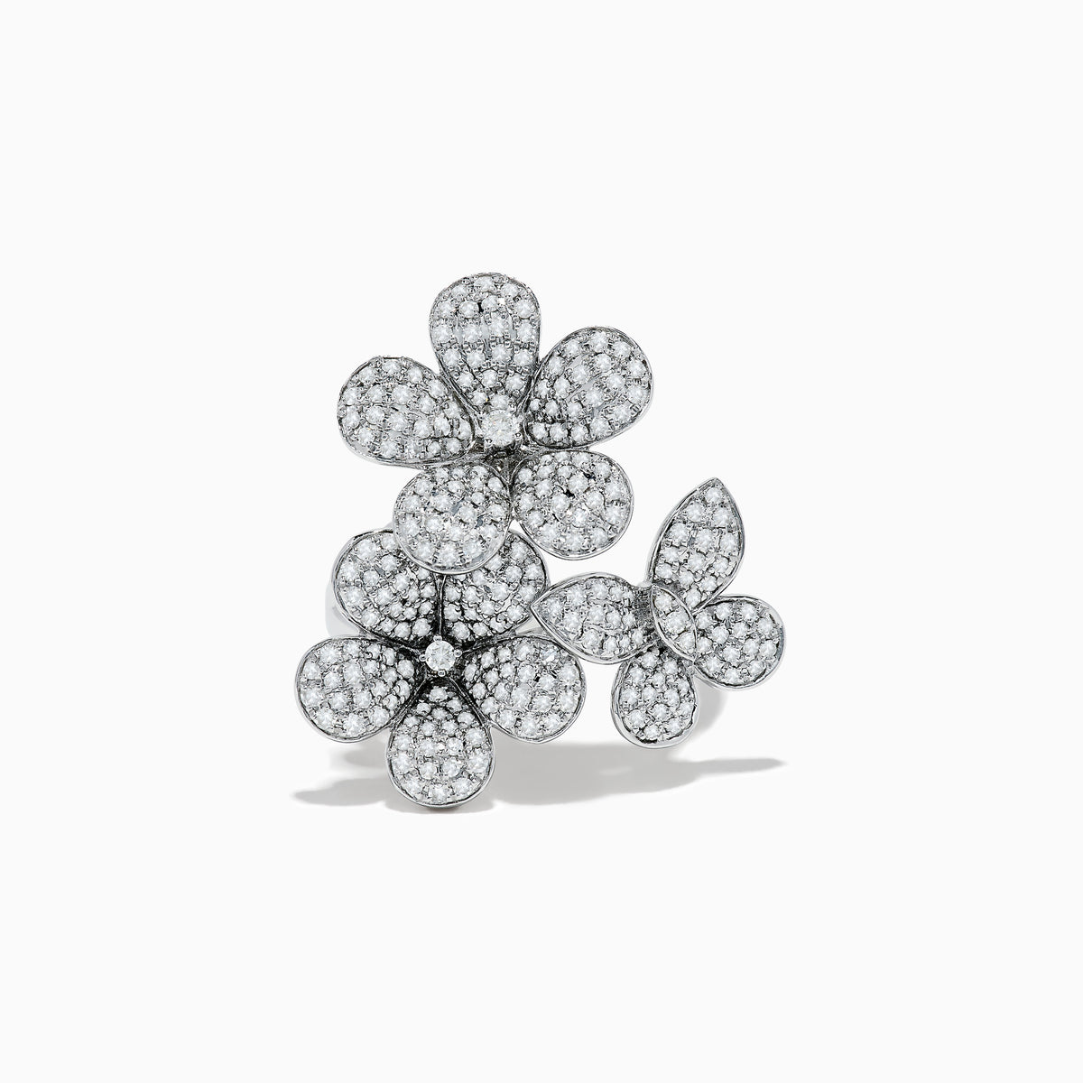 The Nature 14K White Gold Diamond Flowers and Butterfly Ring features four overlapping diamond flowers with sparkling diamonds, all set in 14K white gold and shown on a plain white background.