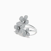 The Nature 14K White Gold Diamond Flowers and Butterfly Ring features four overlapping diamond flowers with sparkling diamonds, all set in 14K white gold and shown on a plain white background.