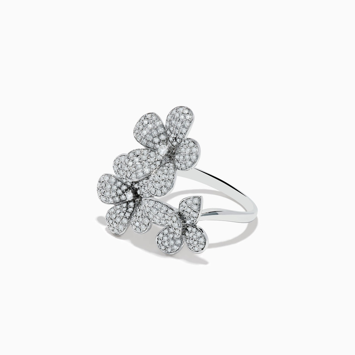 The Nature 14K White Gold Diamond Flowers and Butterfly Ring features four overlapping diamond flowers with sparkling diamonds, all set in 14K white gold and shown on a plain white background.
