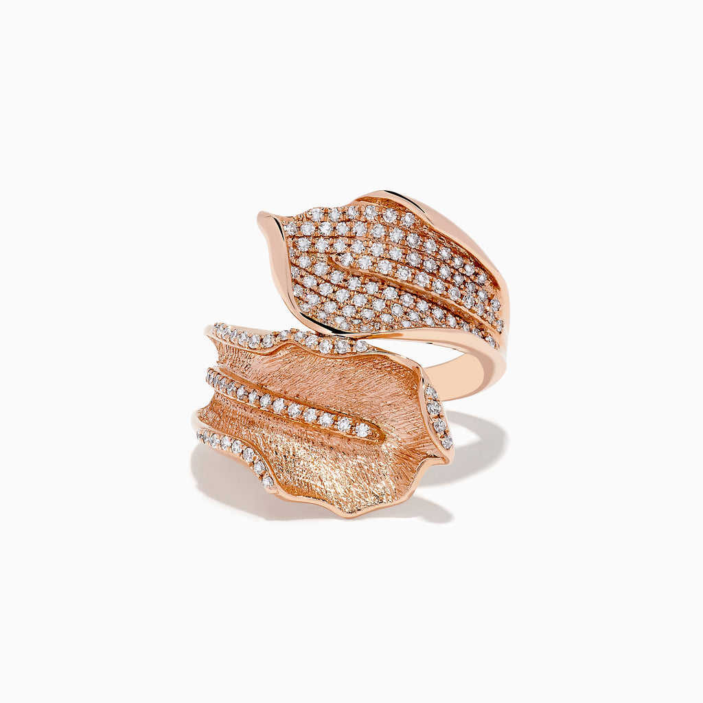 The Pave Rose 14k Rose Gold Diamond Leaf Ring features overlapping leaf designs with sparkling white diamonds and intricate textured details for a stunning, elegant look.
