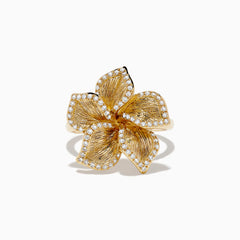 The Nature 14K Yellow Gold Diamond Flower Ring 0.31 TCW features five textured petals outlined with sparkling white stones, displayed against a plain white background.