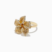 The Nature 14K Yellow Gold Diamond Flower Ring 0.31 TCW features five textured petals outlined with sparkling white stones, displayed against a plain white background.