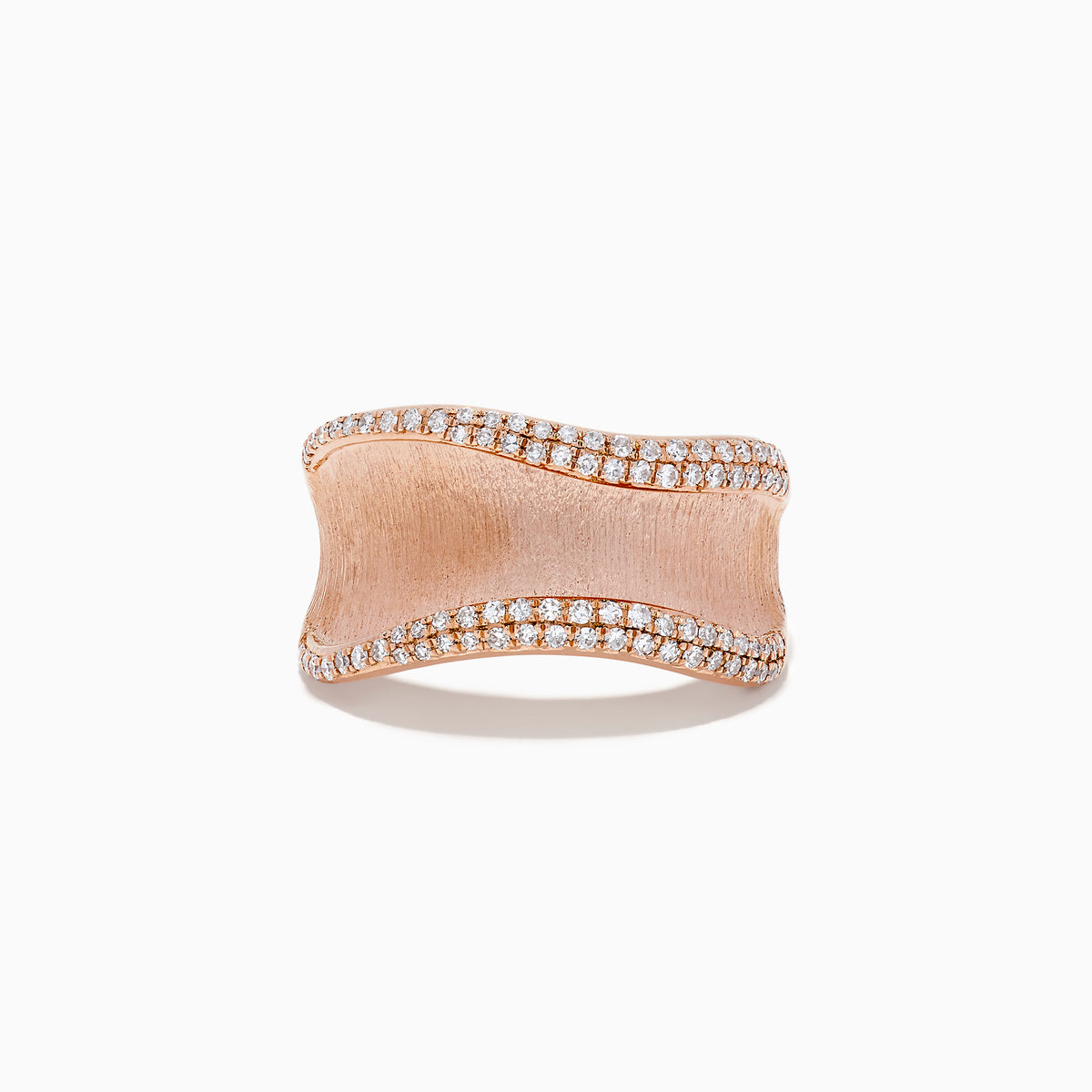 The Pave Rose 14k Textured Rose Gold Diamond Ring features gently wavy edges, two rows of sparkling diamonds on the borders, and a brushed central surface.