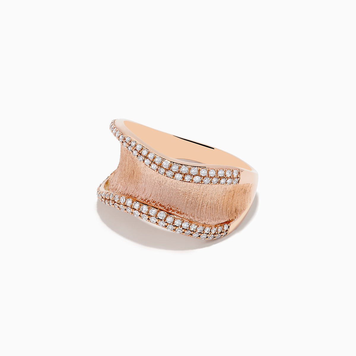 The Pave Rose 14k Textured Rose Gold Diamond Ring features gently wavy edges, two rows of sparkling diamonds on the borders, and a brushed central surface.