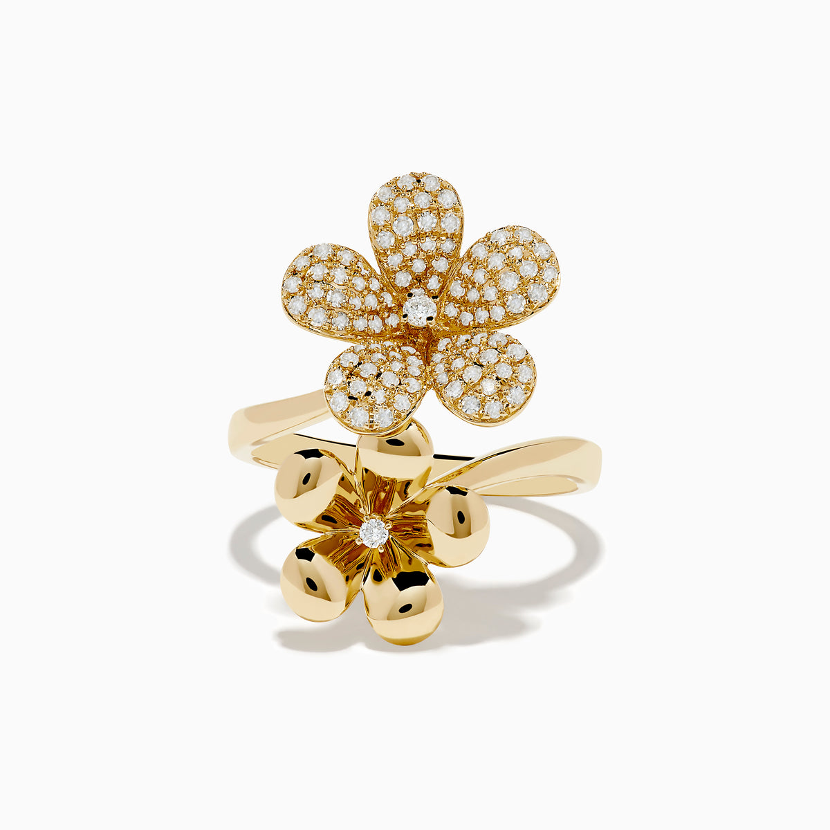 The Nature 14K Yellow Gold Diamond Flower Duet Ring features two floral motifs—one with polished petals and a central diamond, the other adorned with diamonds—set gracefully on a glossy gold band against a white background.
